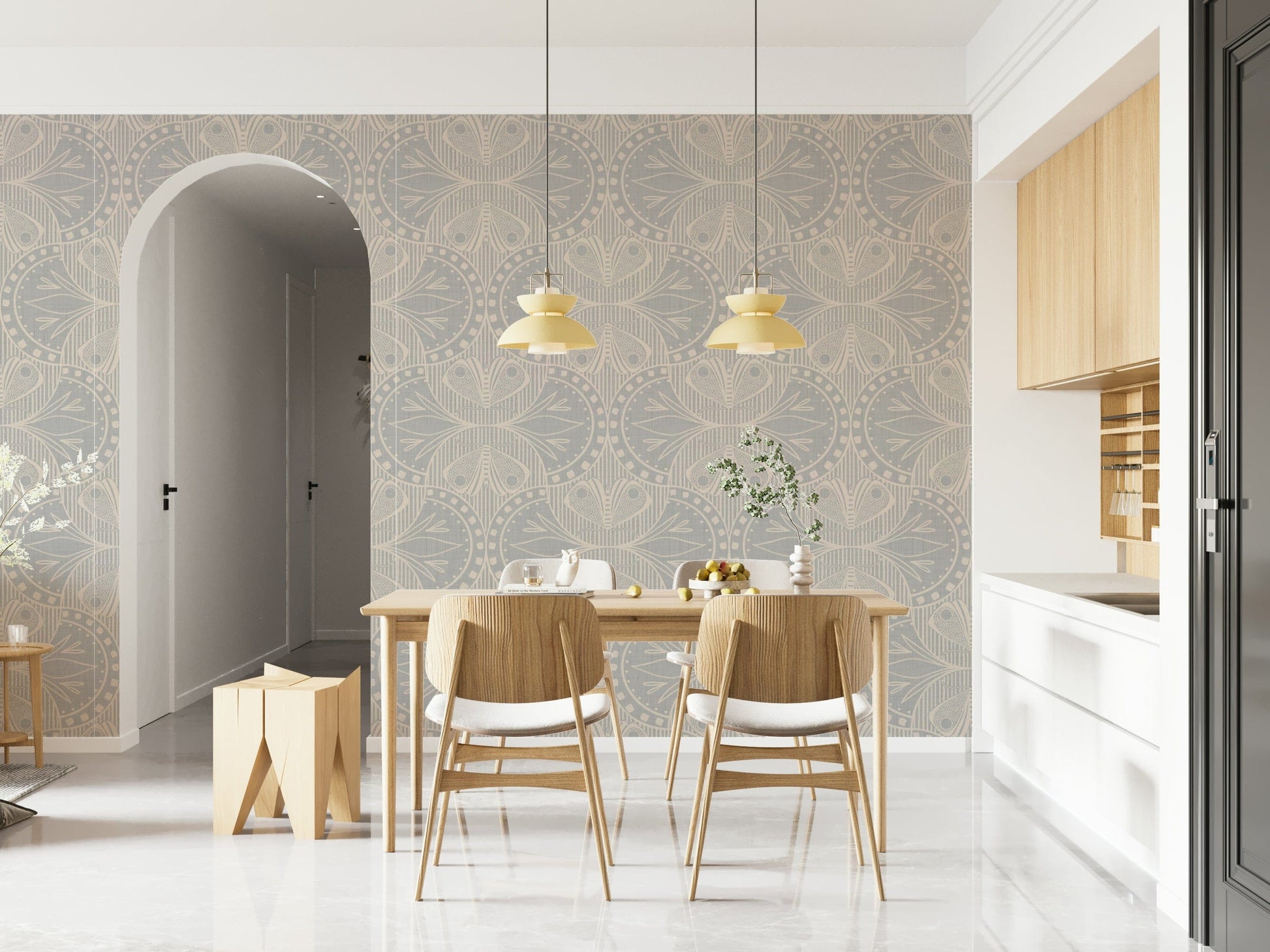 Art Nouveau Butterfly Floral in Light Grey, recurring motif, subtle home accen wallpaper.