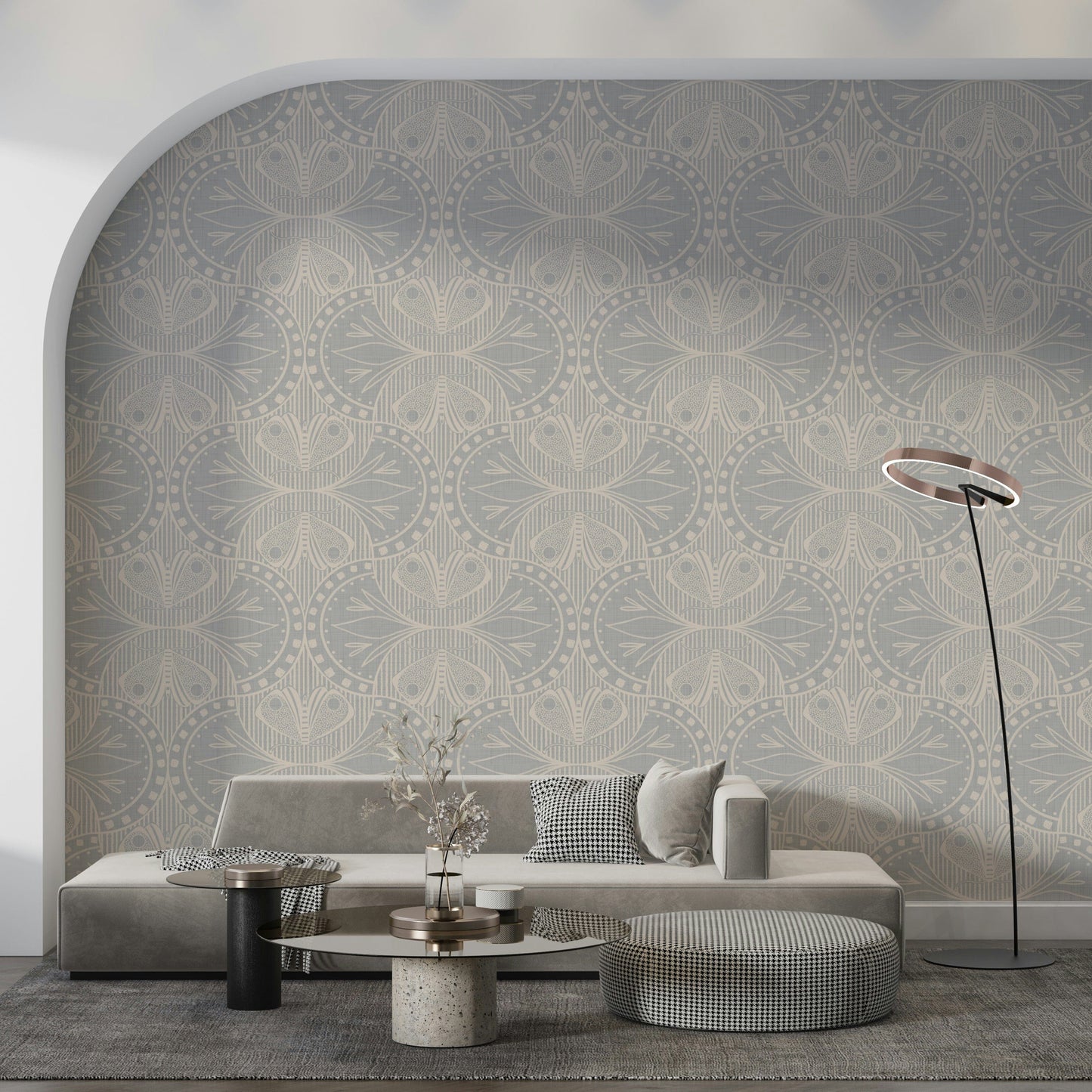 Light grey wallpaper for walls, symmetrical graphics, decorative room finish.