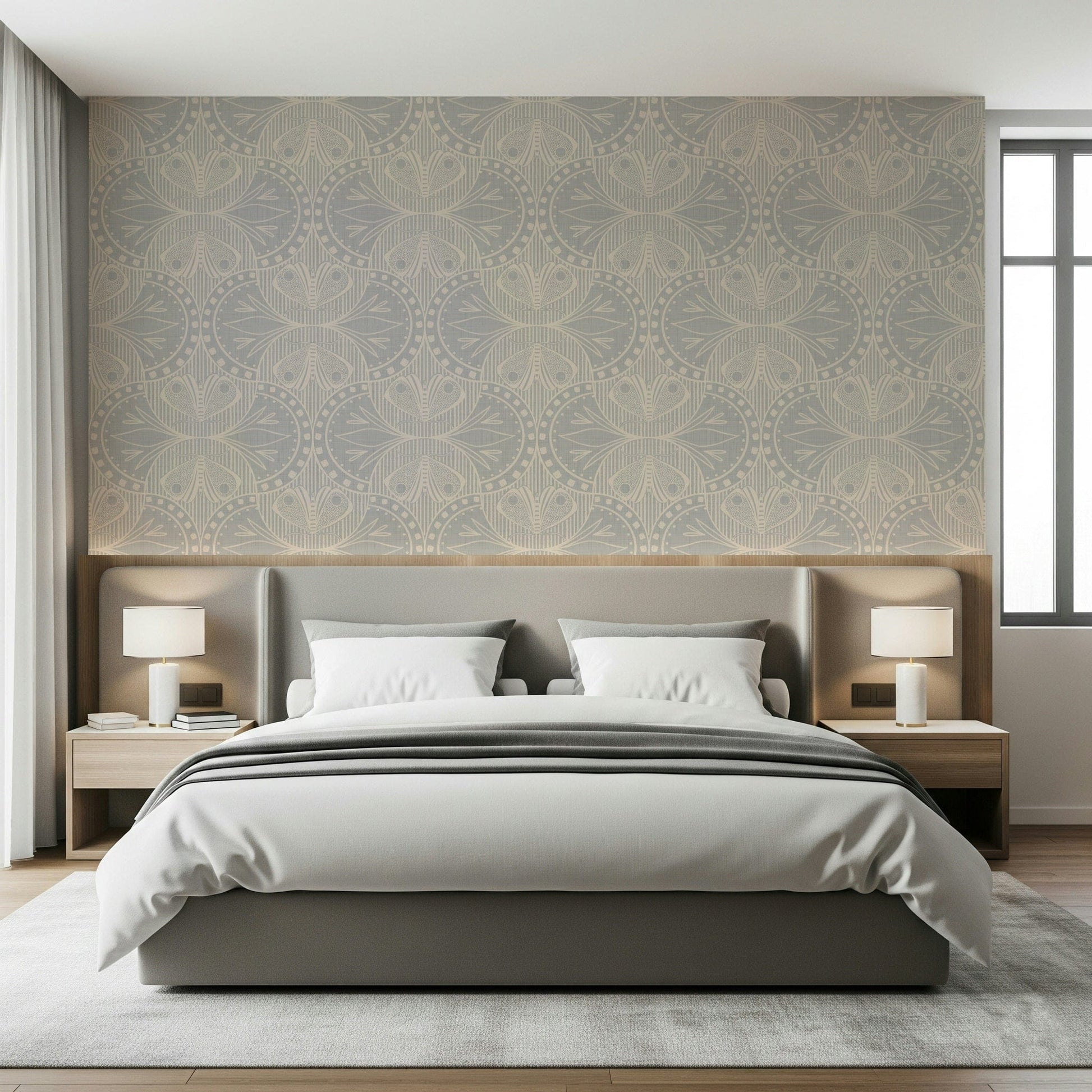 Art Nouveau Butterfly Floral in Light Grey, flowing symmetrical wall covering.