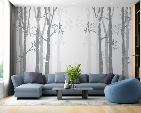 Gray Bamboo forest wallpaper mural shown as a full feature wall that highlights the design