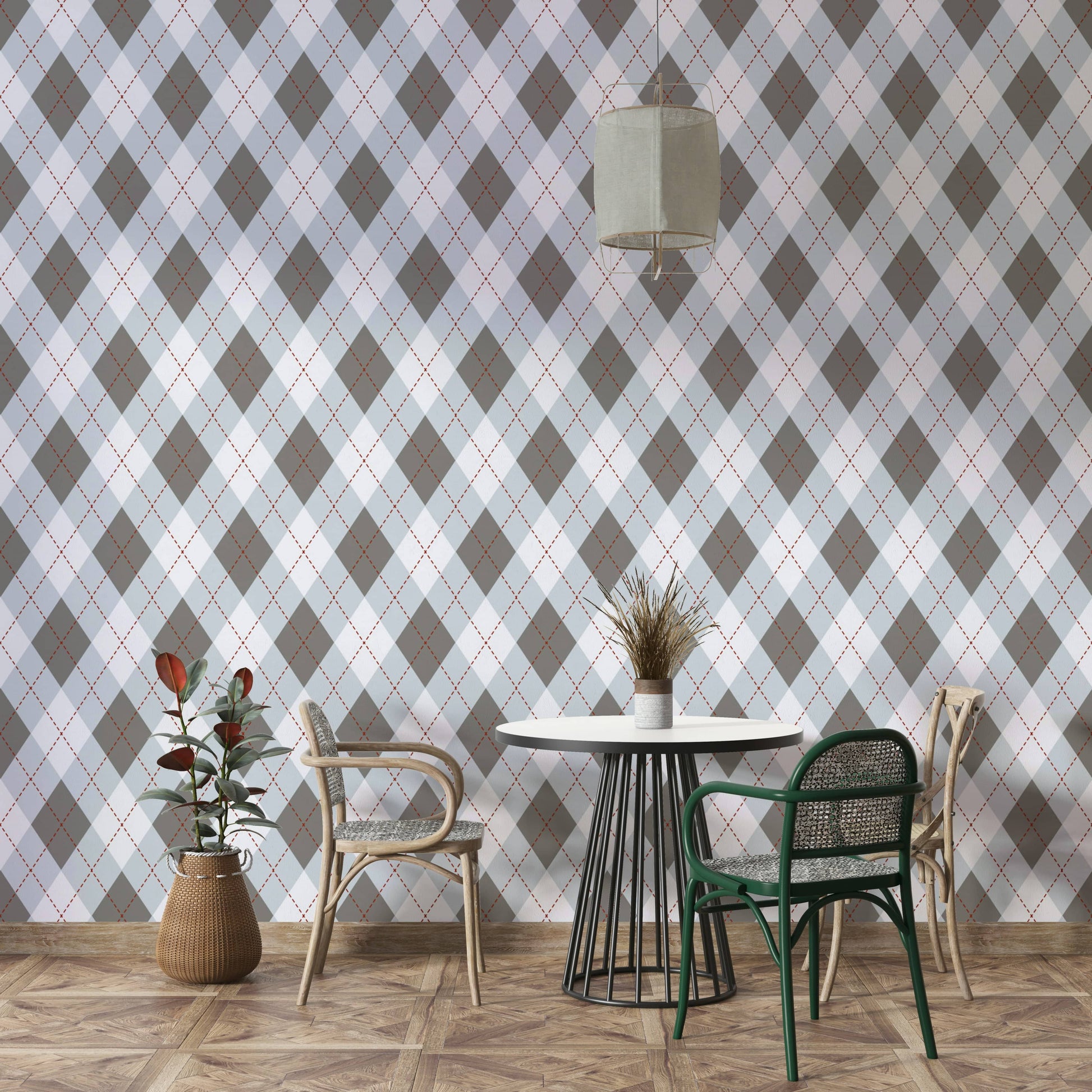 A wallpaper with a classic argyle diamond pattern.
