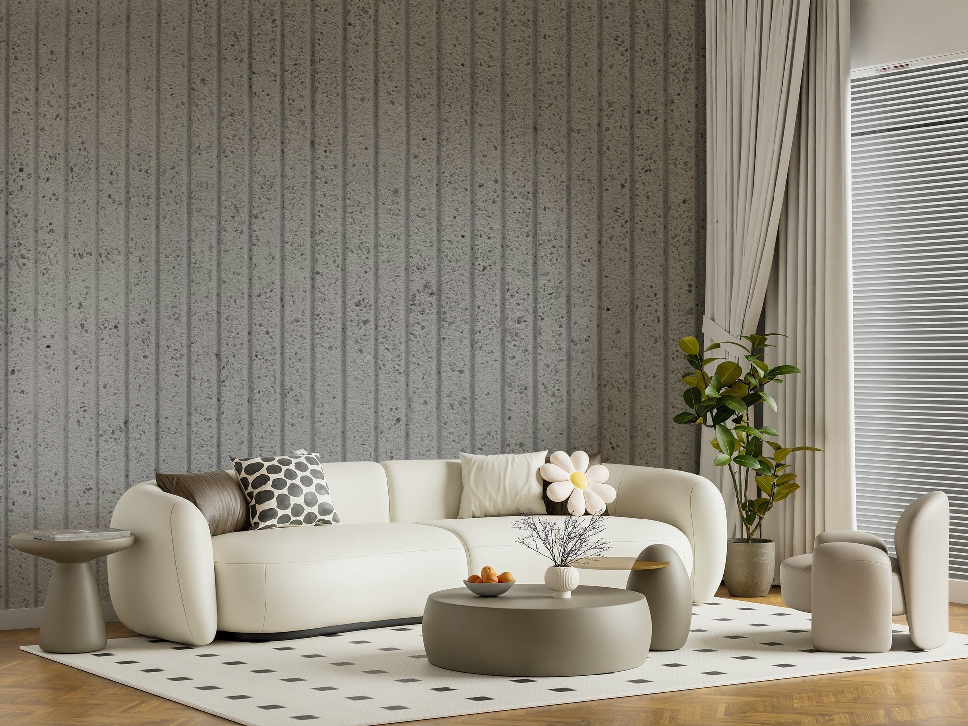 Linear Concrete Illusion Wall Mural with realistic three-dimensional effect and neutral tones for sleek interiors.