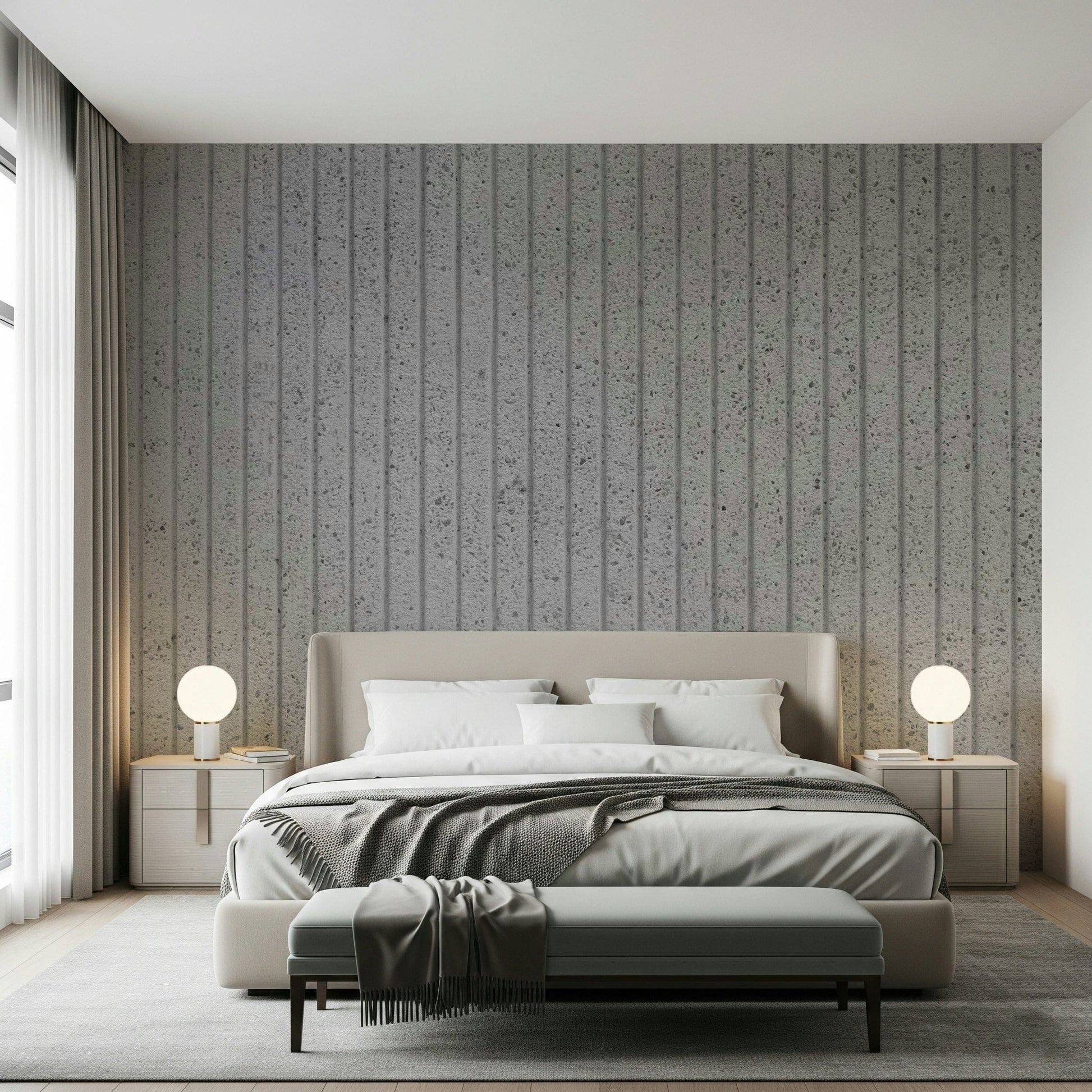 Wall mural with linear concrete illusions creating a clean, modern, and stylish feature wall.