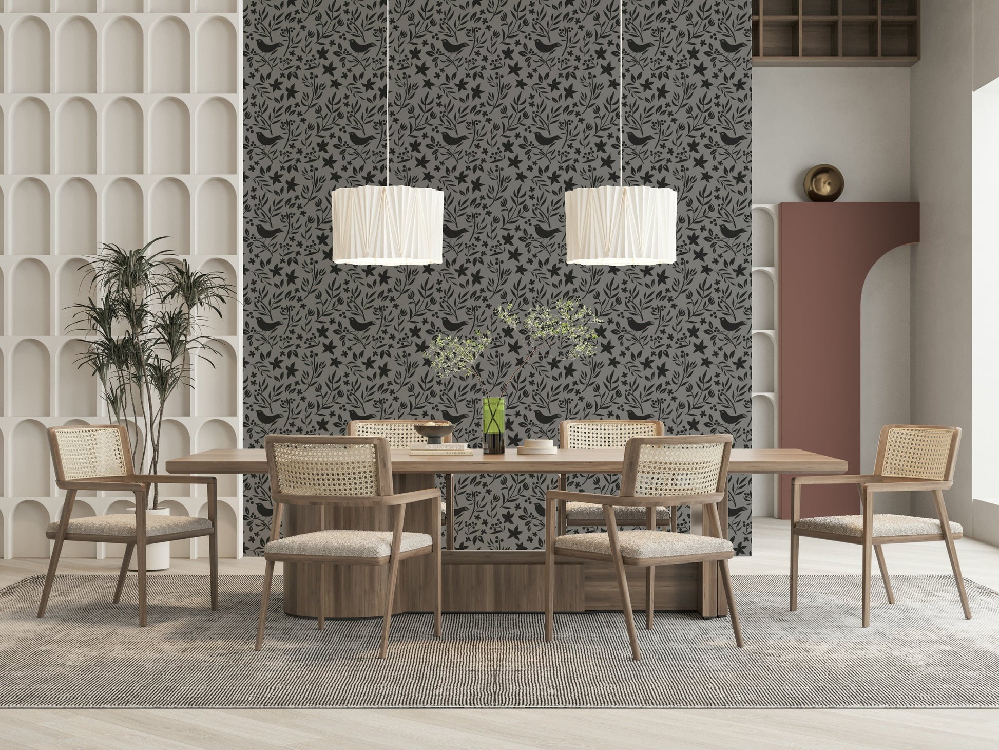 Wall mural Gray Folk, stylized flowers, calm neutral palette.