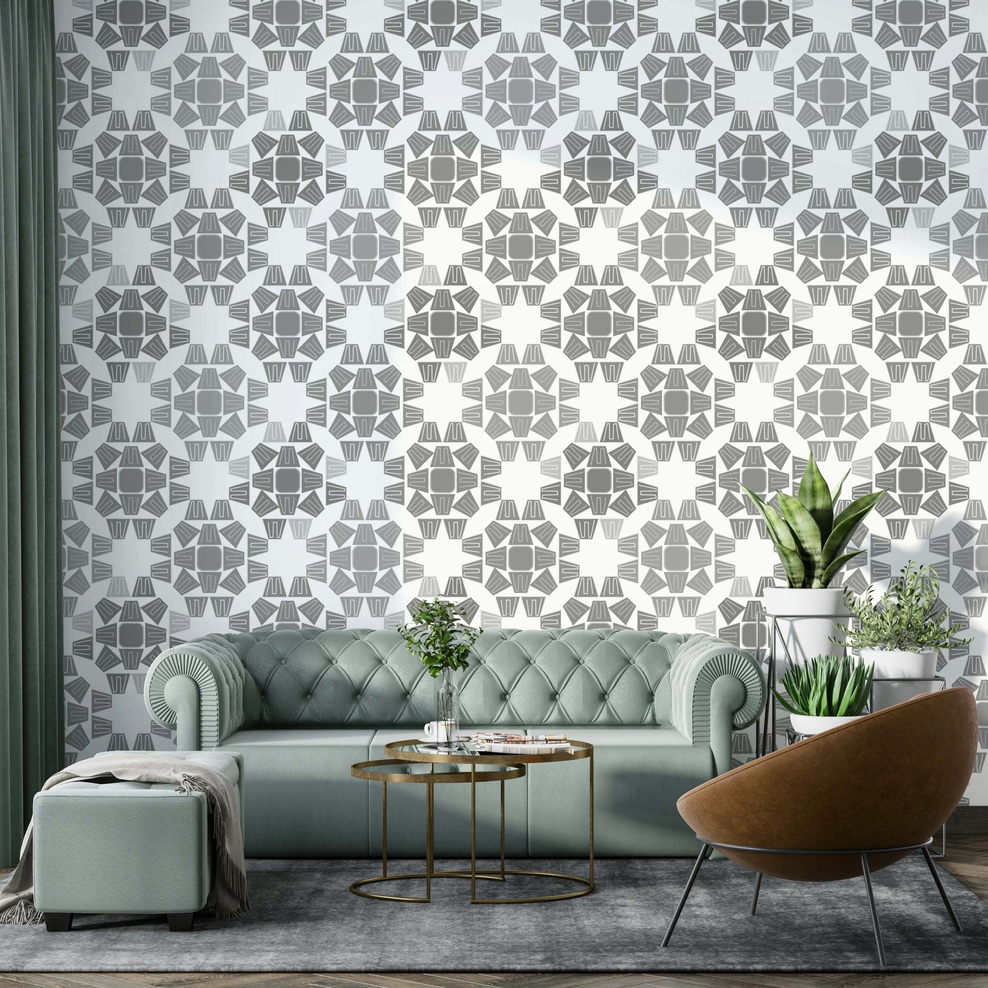 A peaceful neutral design mural on decorative wallpaper.

