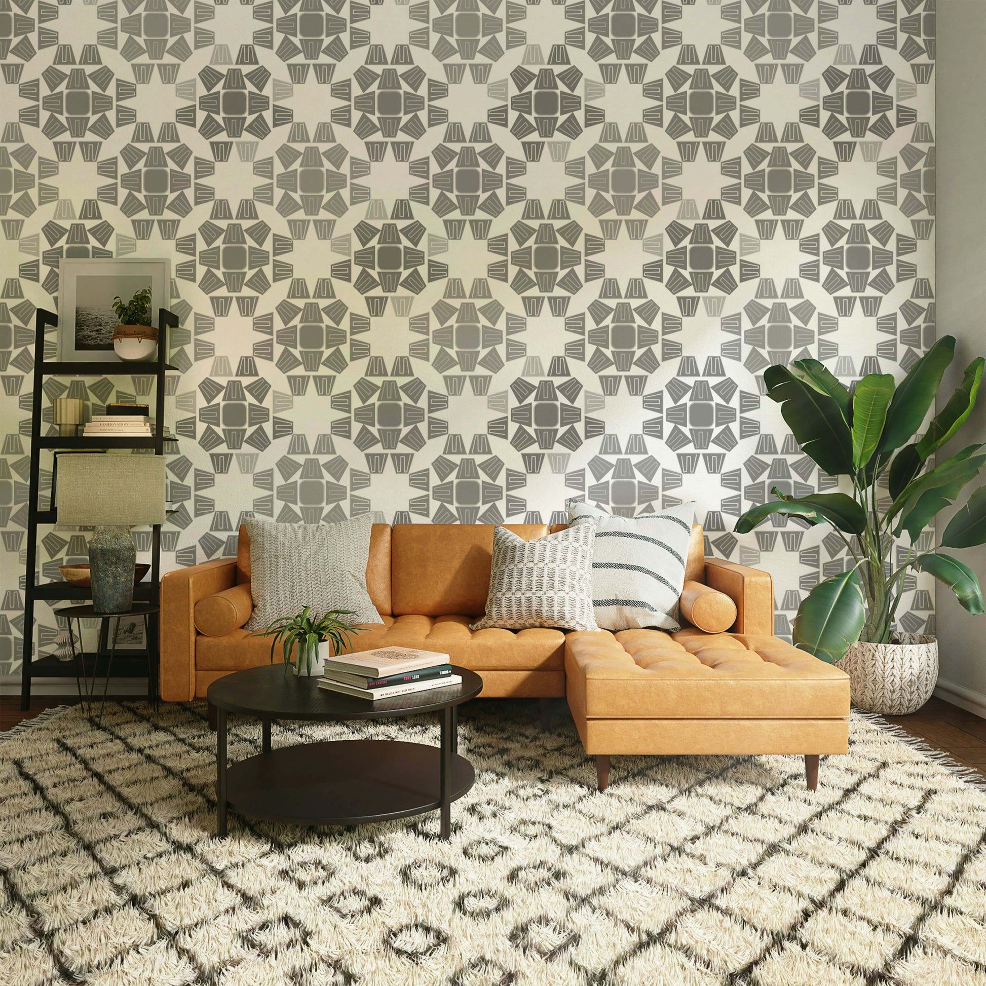 An artistic abstract pattern mural on minimalist wallpaper.

