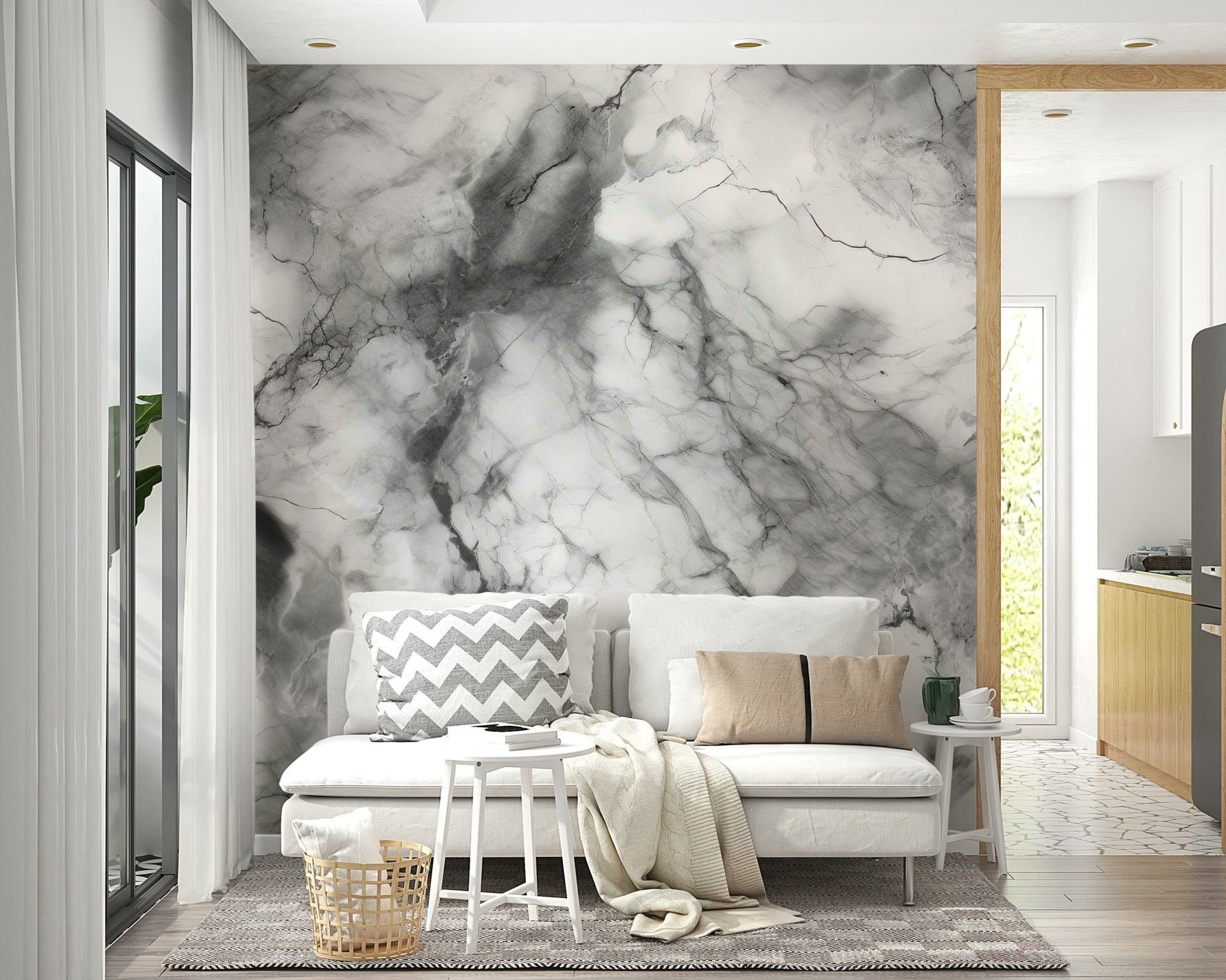 Gray Marble Texture wallpaper mural in white veined marble behind a white sofa with chevron and tan pillows