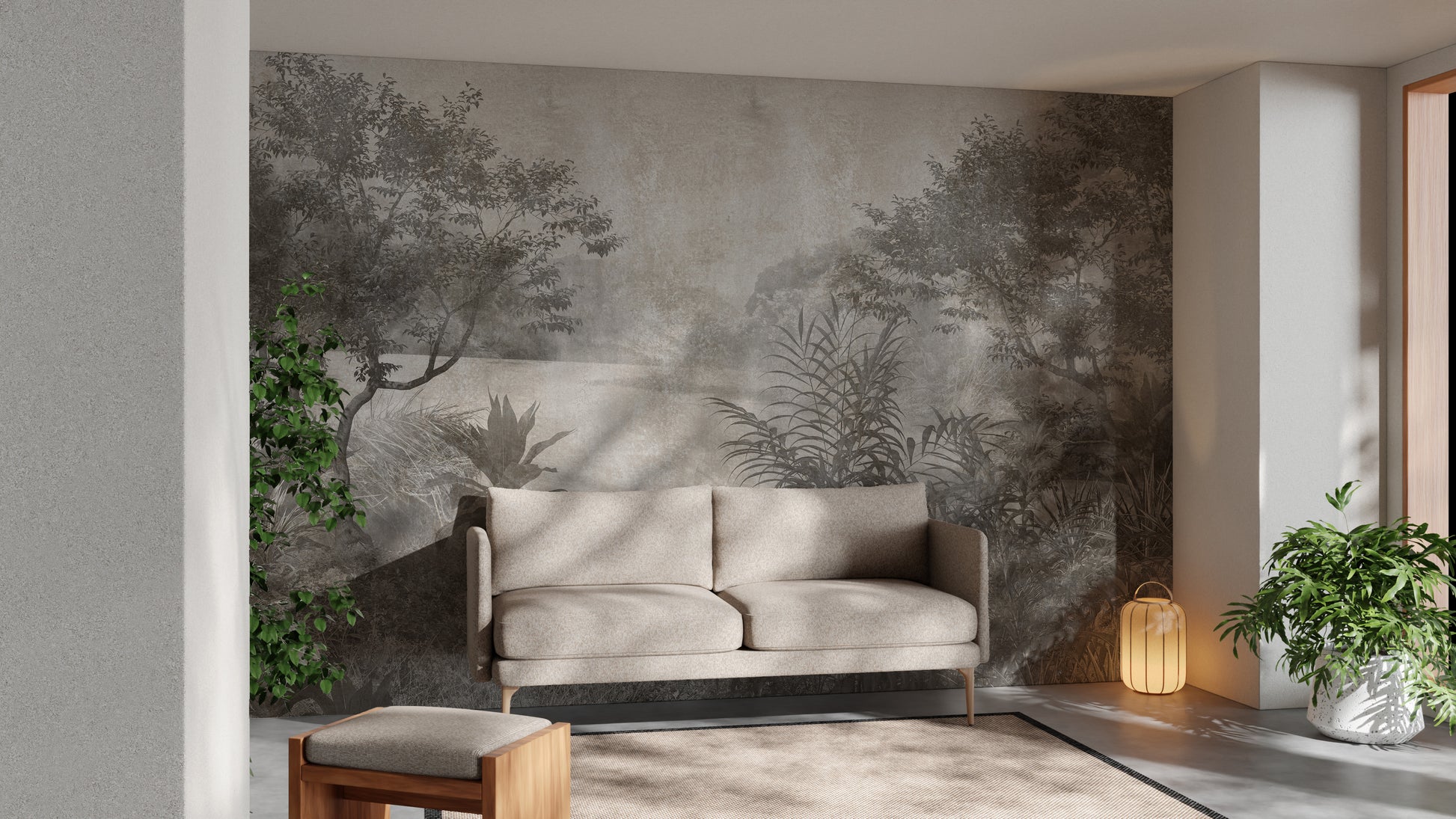 Elegant gray palm tree wall mural design
