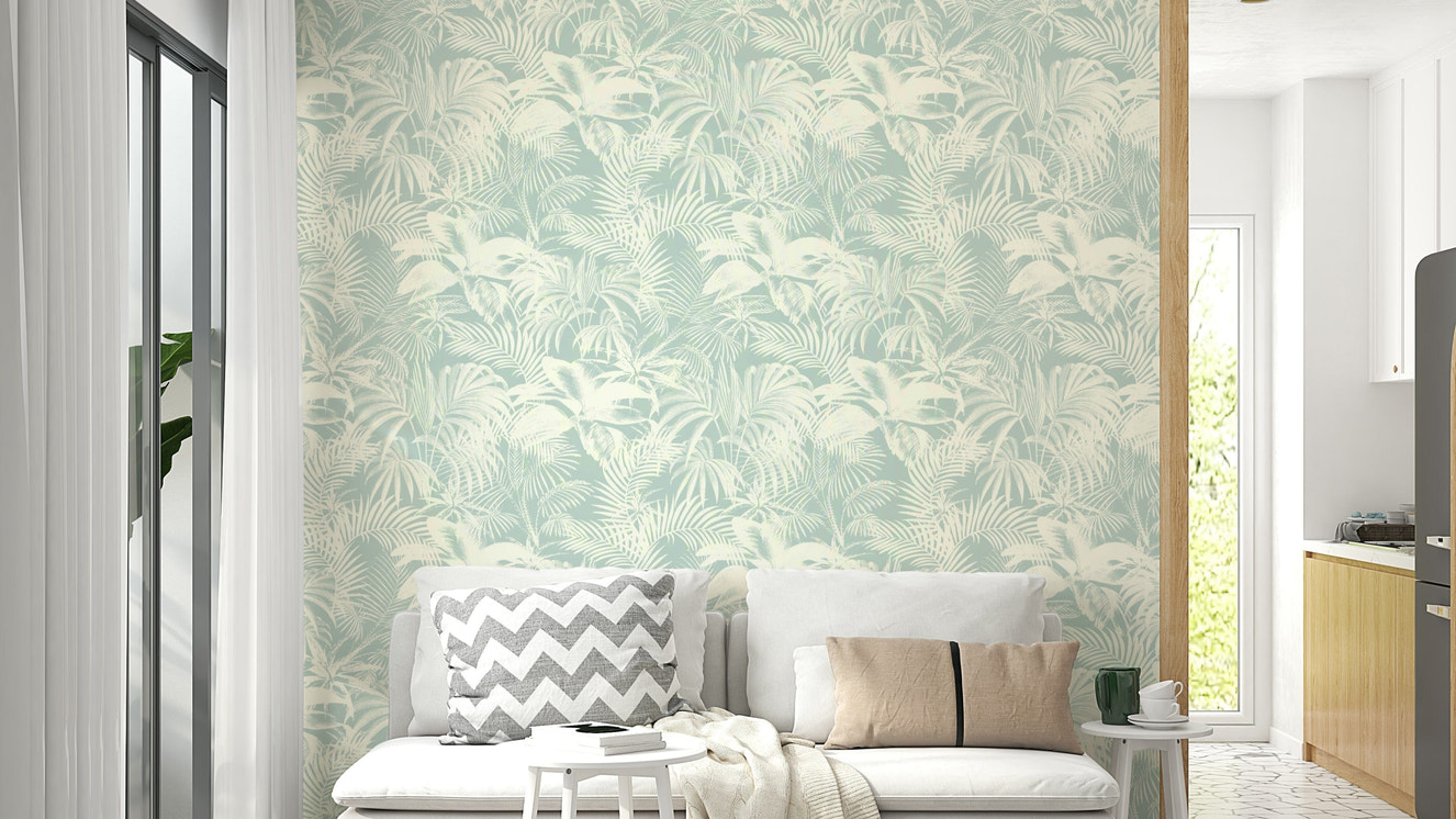 Gray Palm Trees Wallpaper on a living room wall

