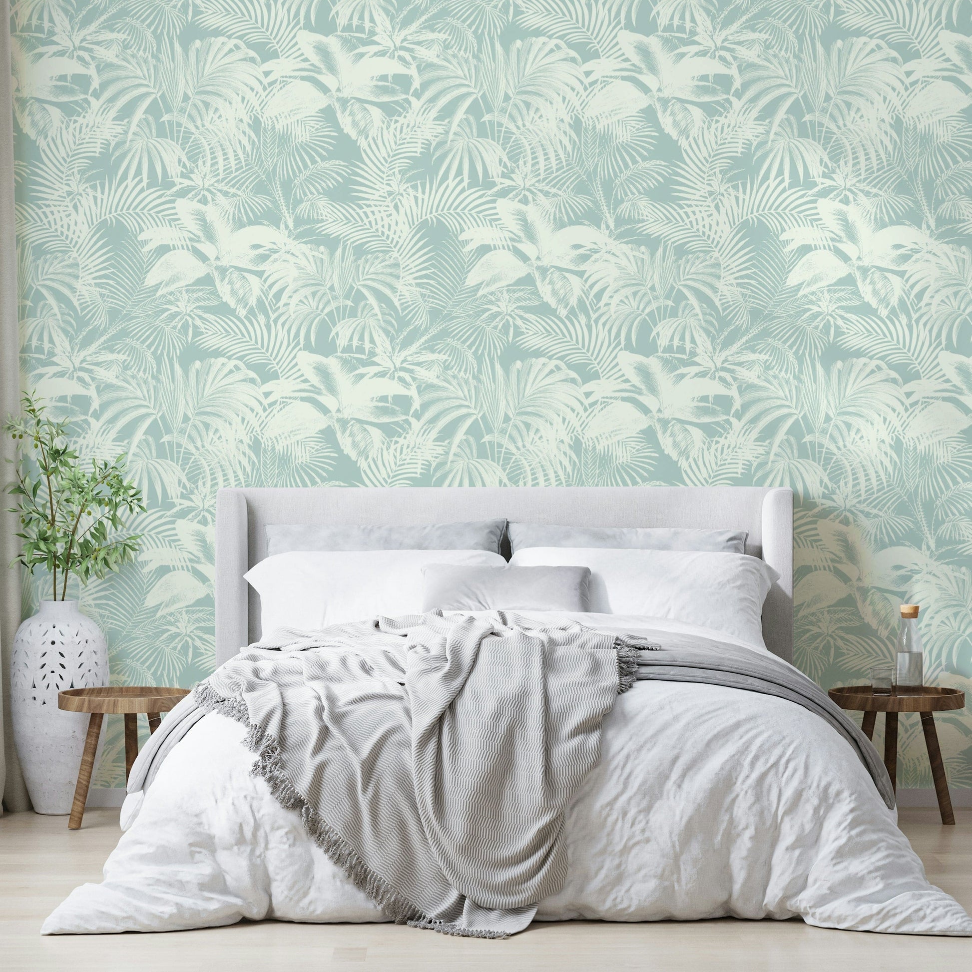 An interior with a soft and peaceful accent wall

