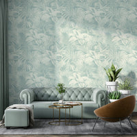 An angled shot of a wall with peaceful wallpaper

