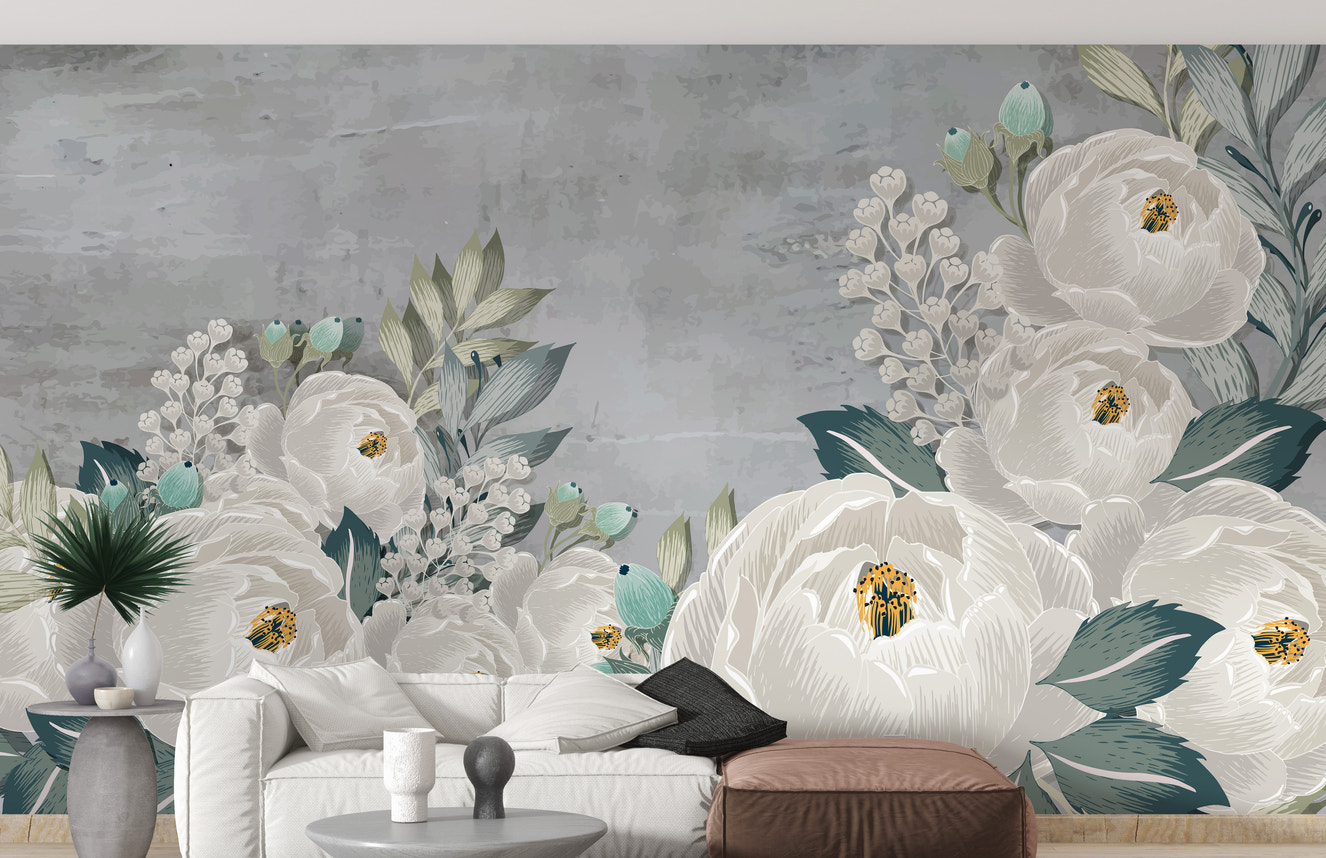 Grunge-textured wallpaper with soft gray peony patterns.