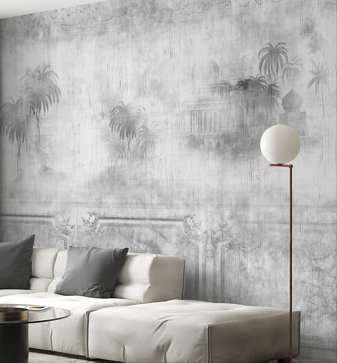 Foggy trees in retro gray wall mural design
