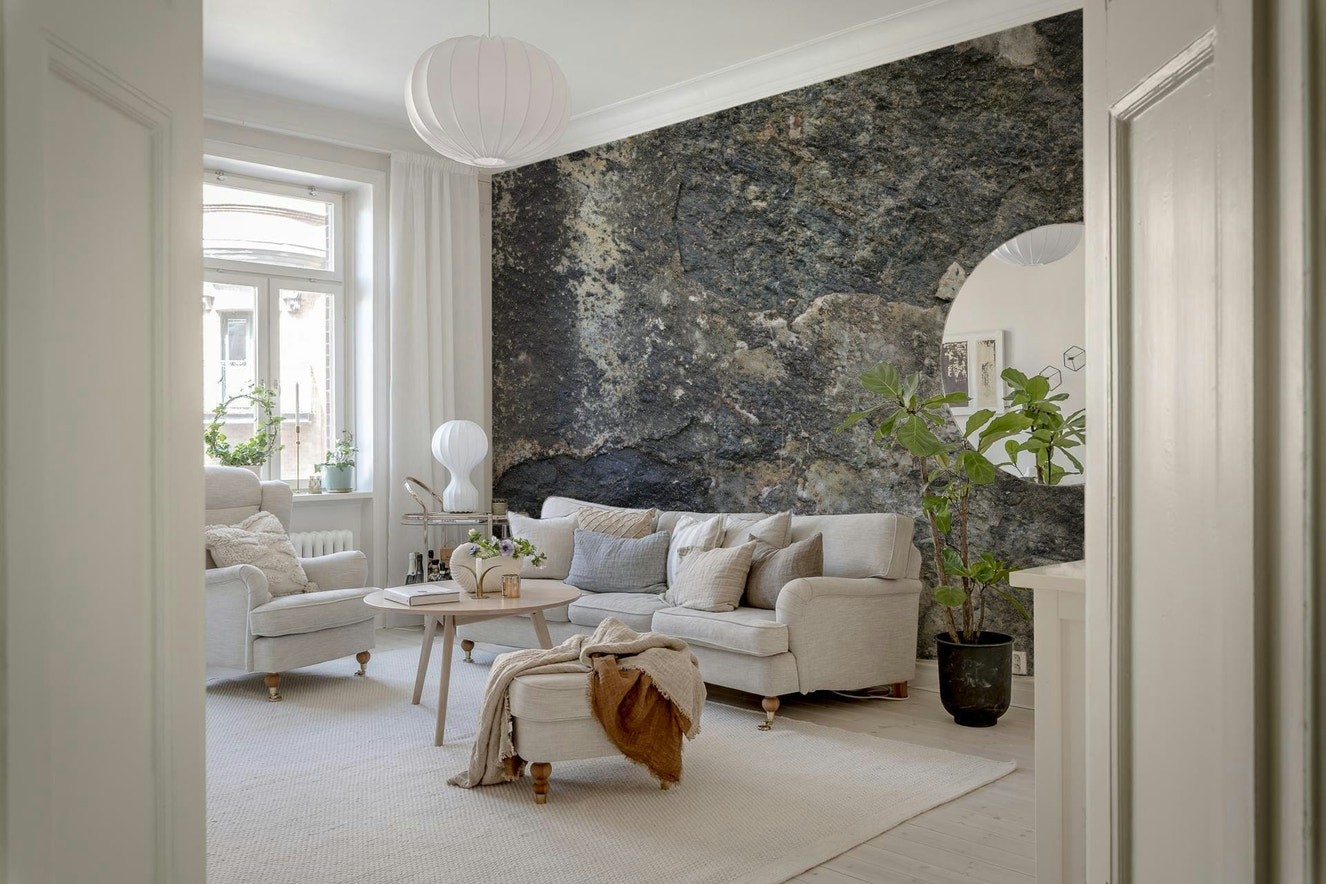 Nature-inspired rock wall mural in modern living room, neutral color tones, feature wall use