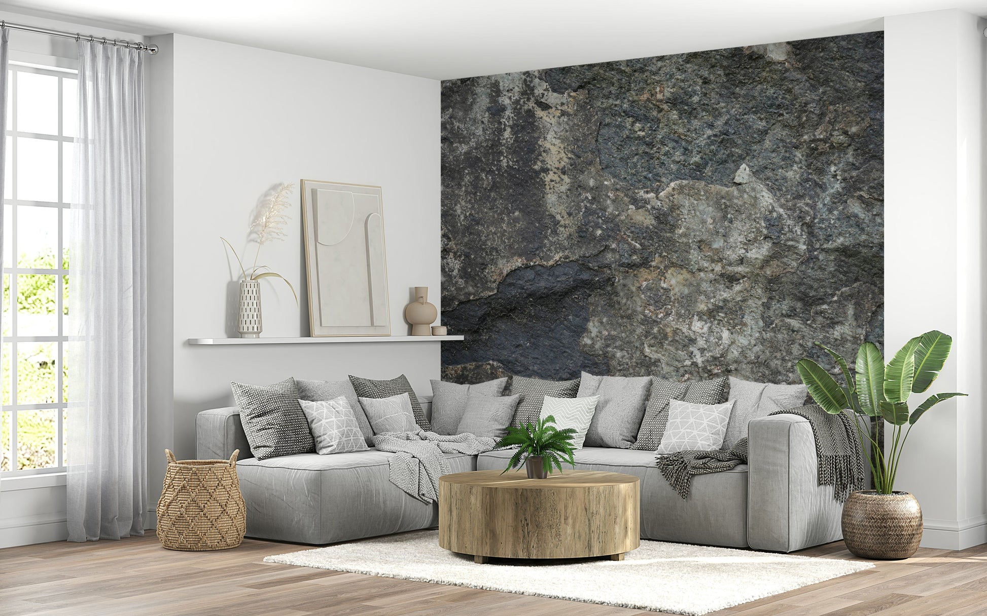 Nature rock wall mural in home office, modern workspace backdrop with wood desk