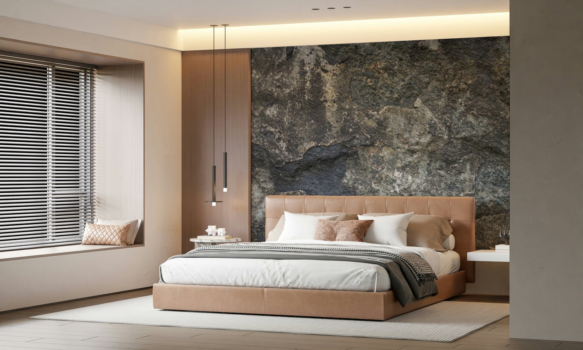 Stone-inspired mural behind bed, modern bedroom with neutral color bedding