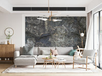 Rock texture wallpaper mural in minimalist bedroom, calm neutral color palette