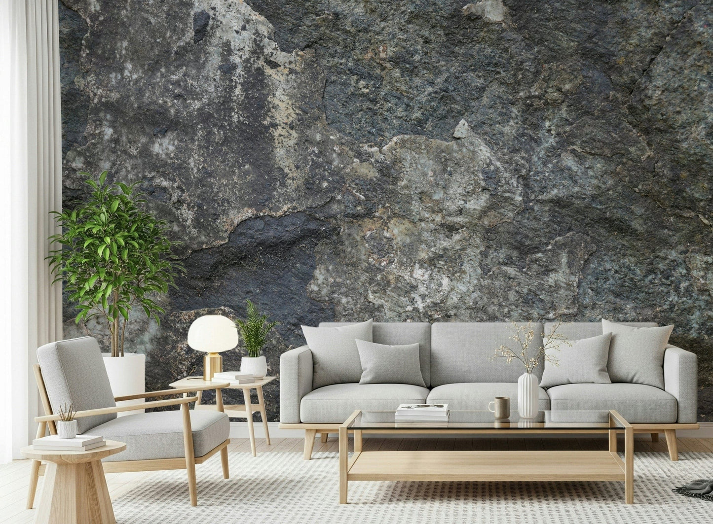 Rock mural feature wall in hallway, modern console table and simple decor accents