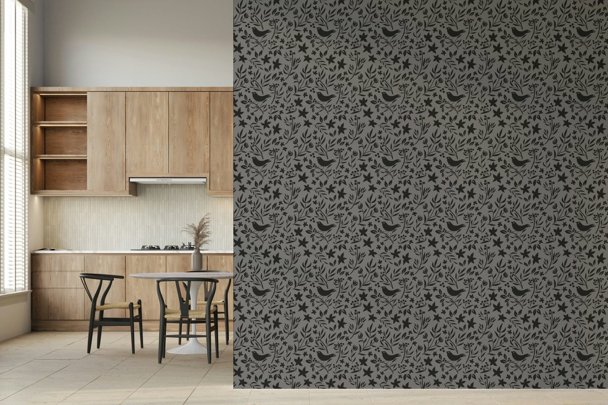 Intricate botanical wallpaper, Folk Bird Theme, contemporary gray.