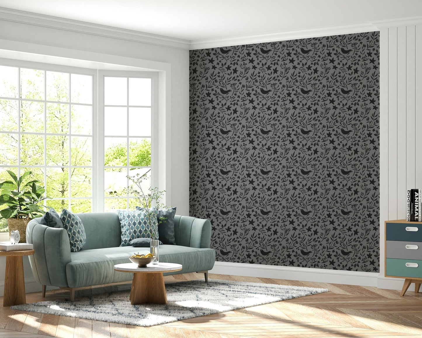 Unique Scandinavian vibe, Folk Bird Botanical, refined wall mural.