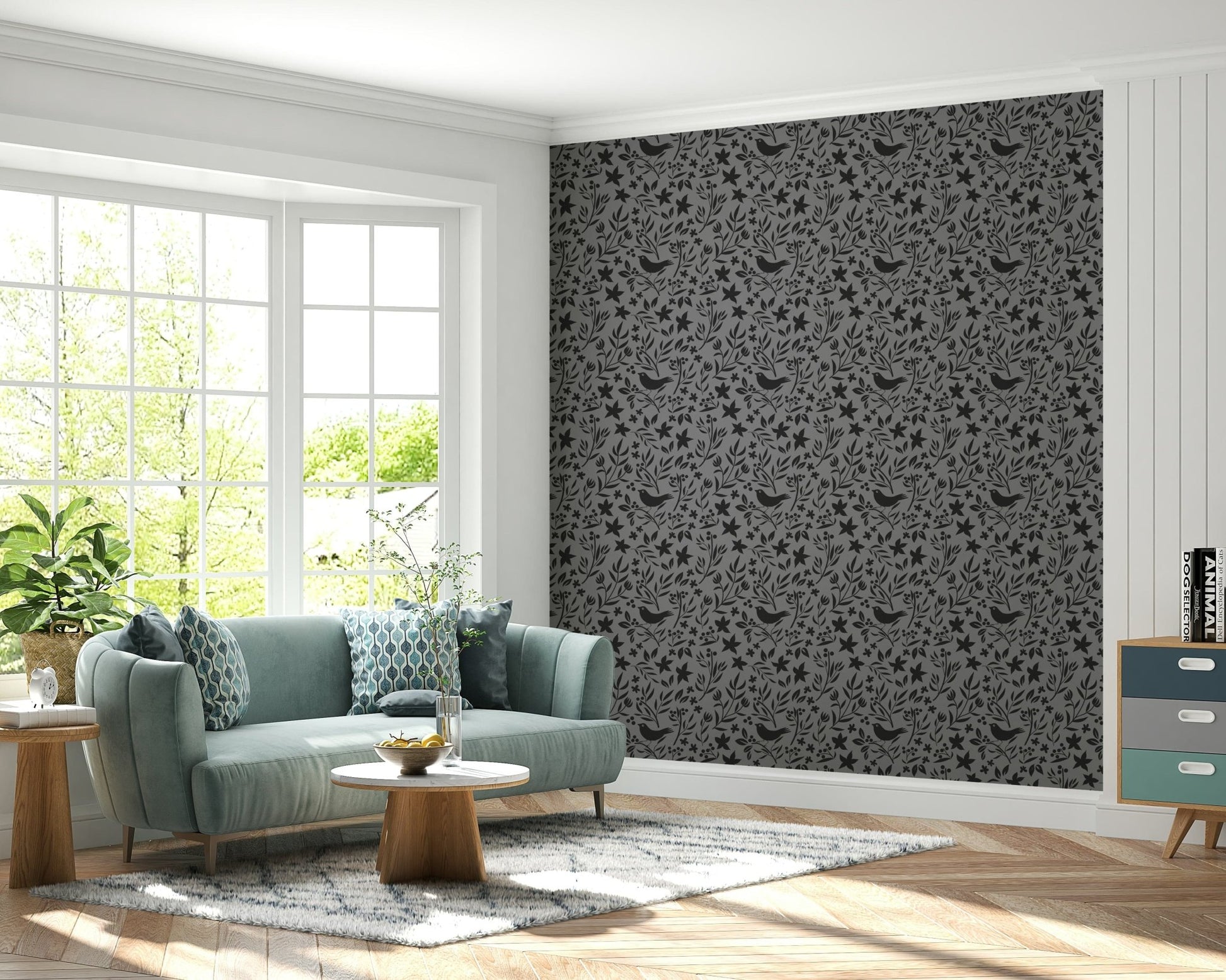 Unique Scandinavian vibe, Folk Bird Botanical, refined wall mural.