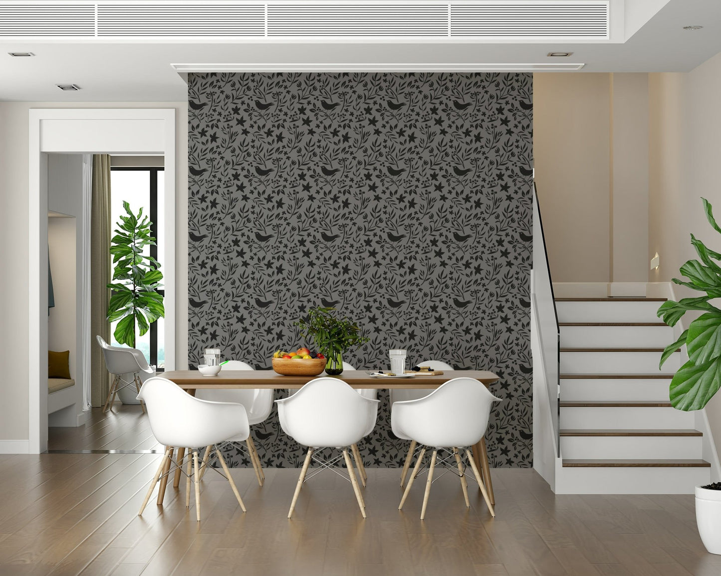 Muted tonal pattern, Scandinavian Folk Bird Botanical, cosy feel.