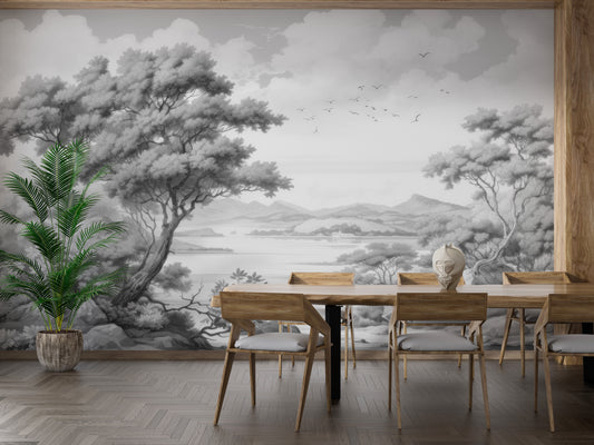 Gray Color Sketched Town wallpaper mural shown as a full feature wall that highlights the design