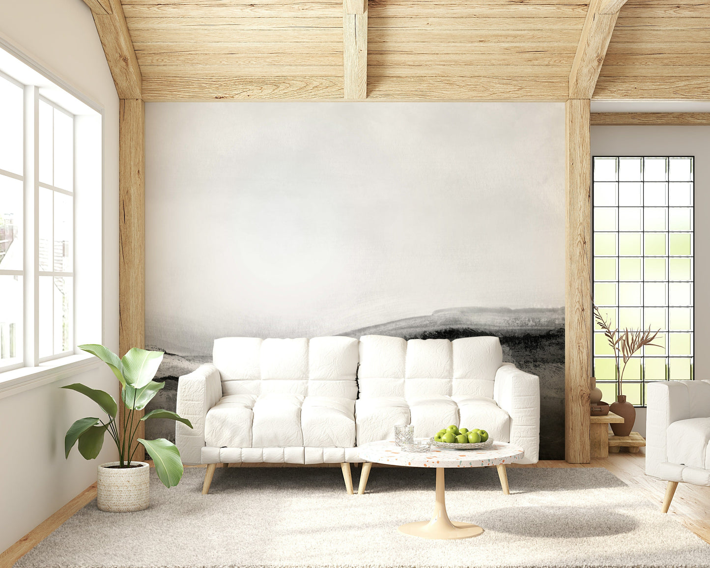 Decorative wall mural showcasing a serene monochrome vista in shades of gray.