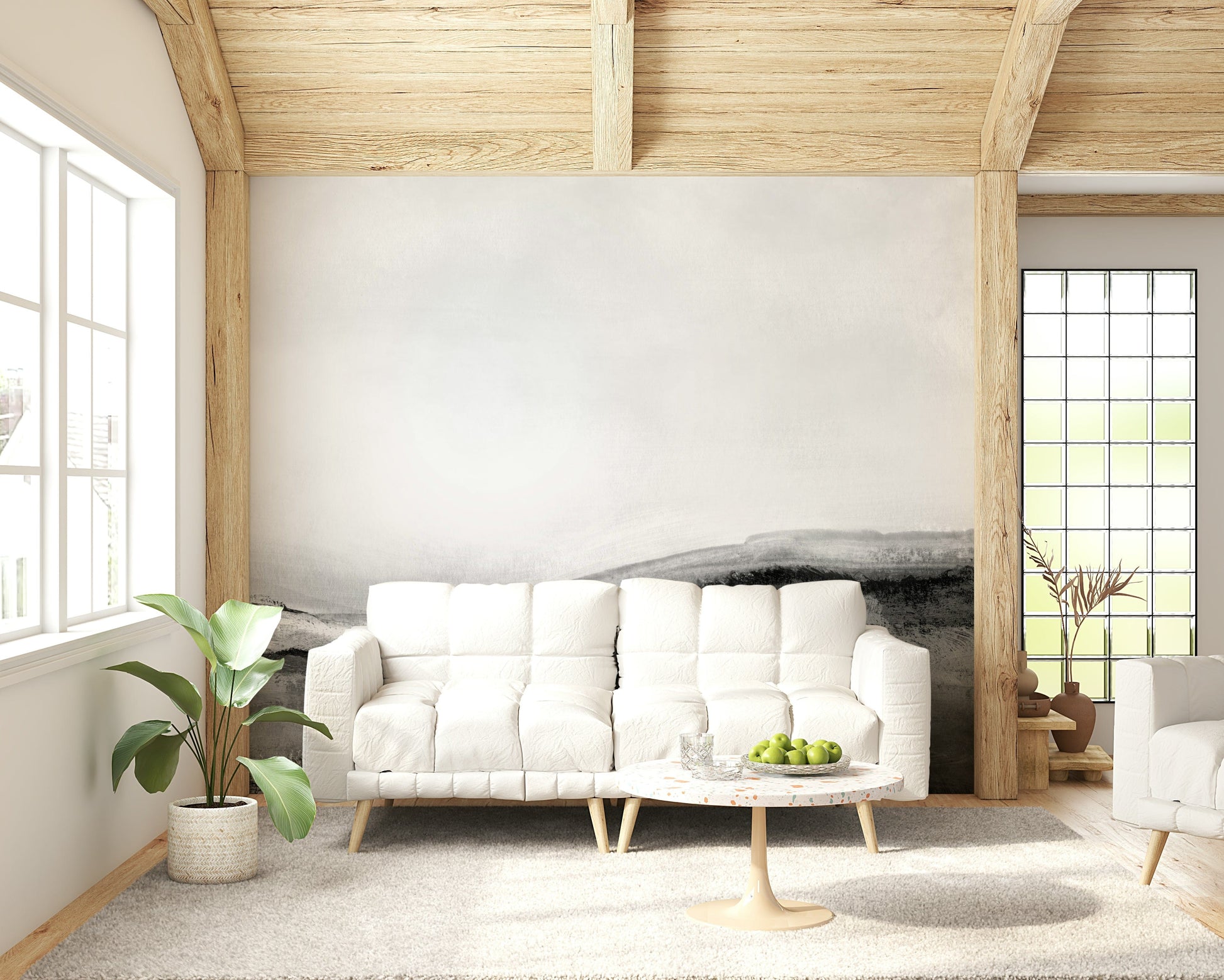 Decorative wall mural showcasing a serene monochrome vista in shades of gray.