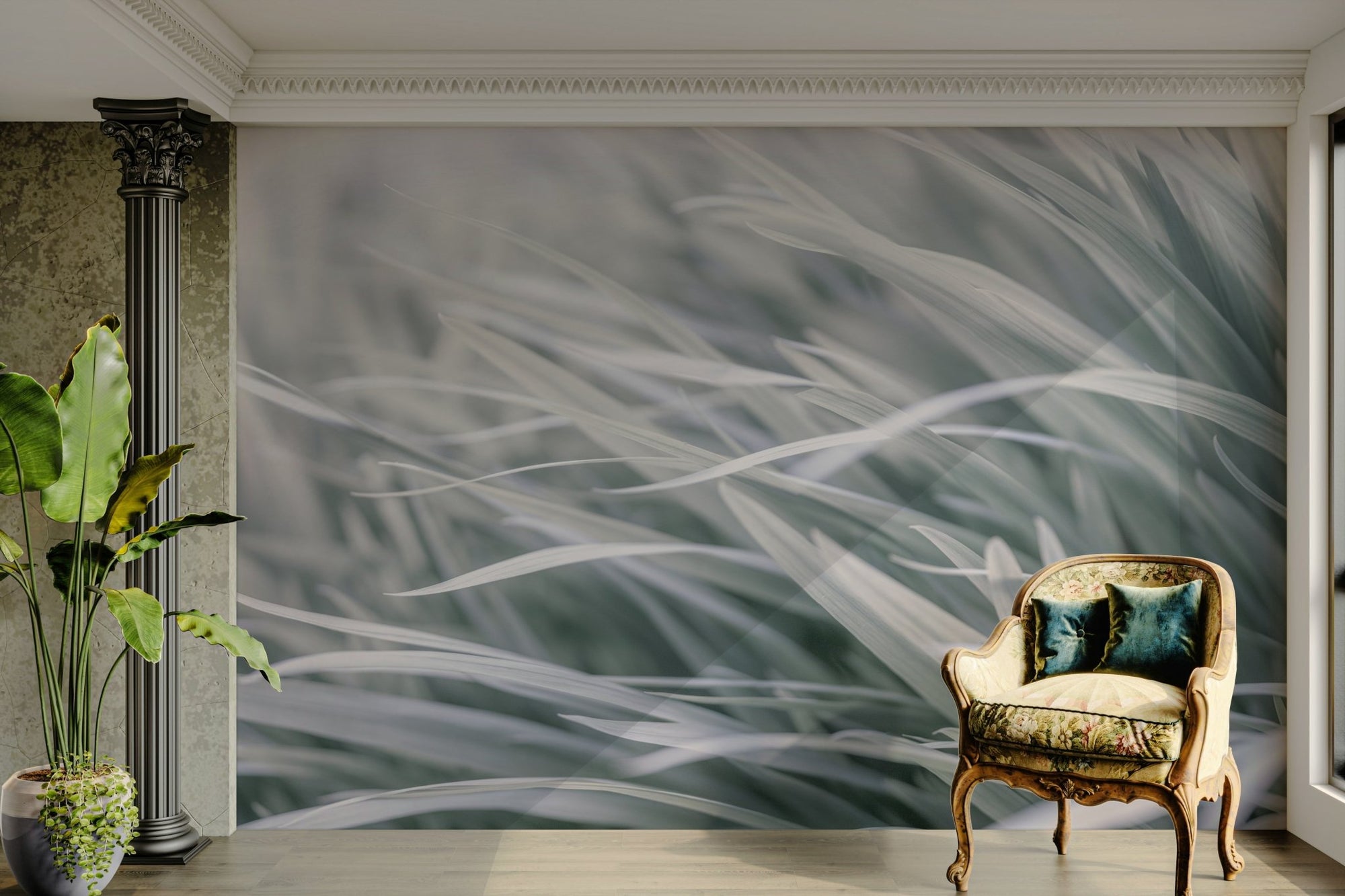 Gray wavy Grass wallpaper mural of soft-focus pale gray grass blades behind an ornate antique armchair with teal cushions in a living room