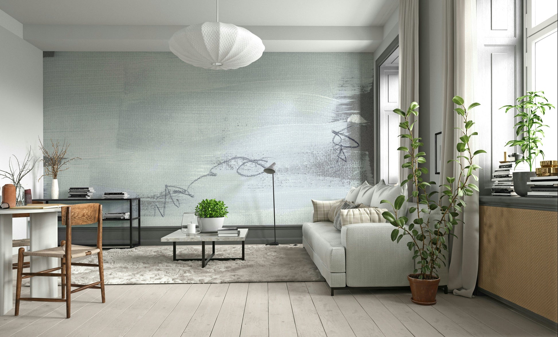 A beautiful modern geometric wall mural for a living room.

