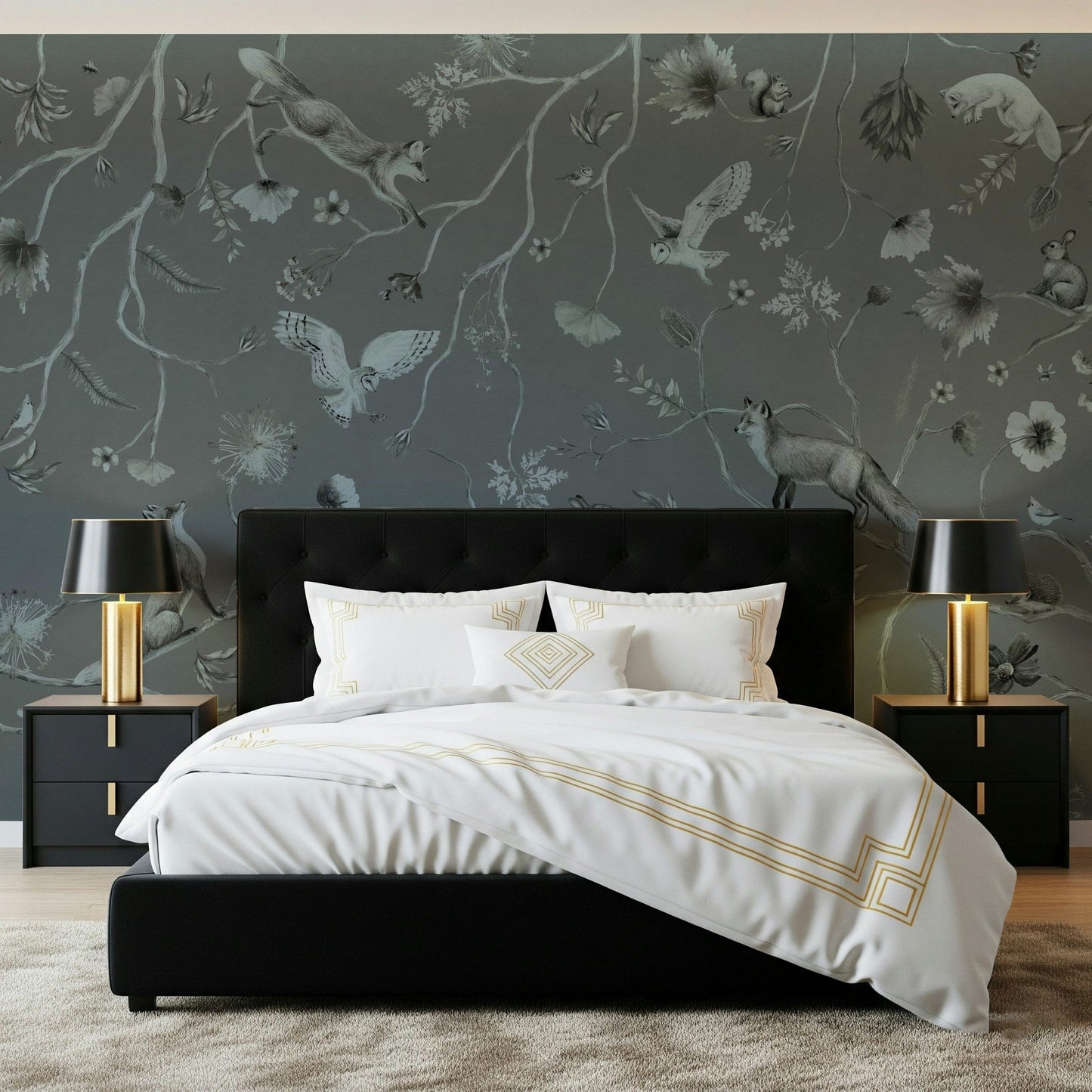 Lush forest mural in muted gray tones creating a calming woodland scene