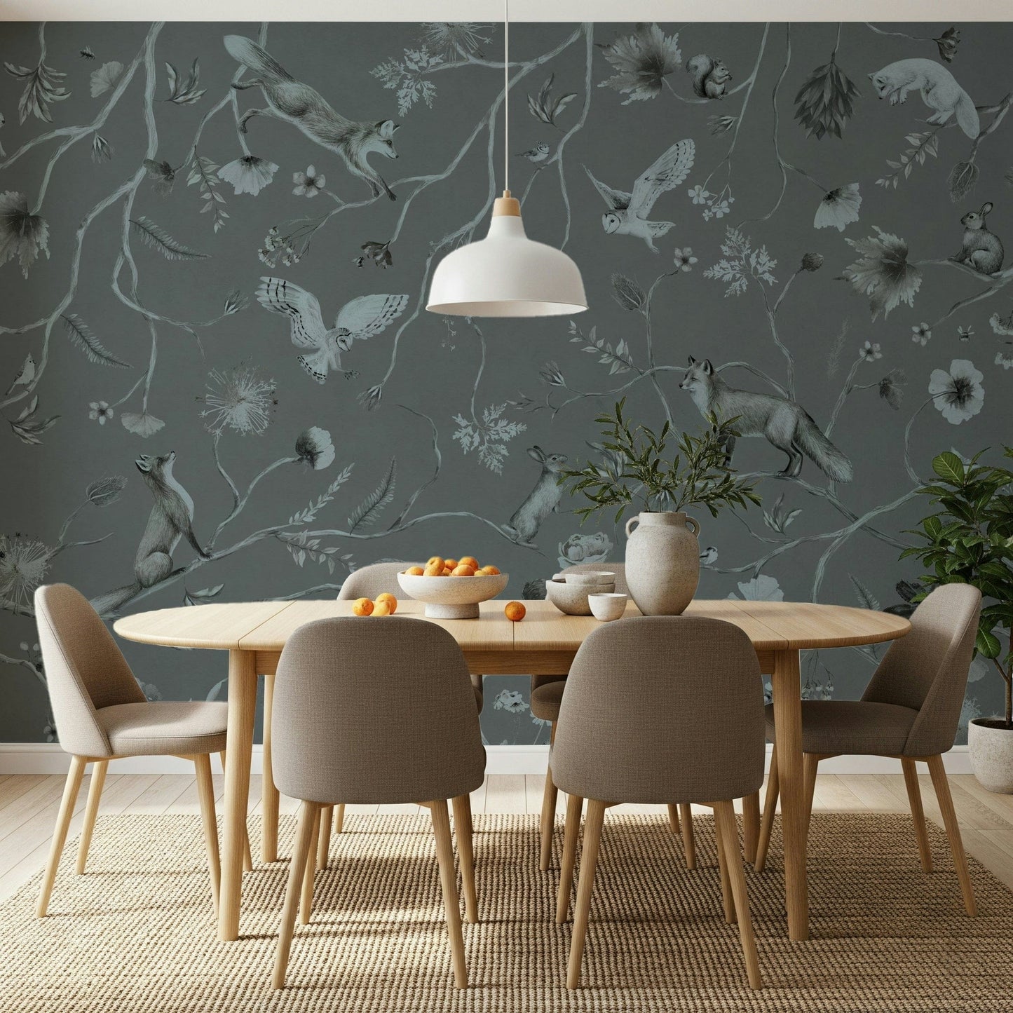 Artistic mural of a tranquil gray woodland landscape with subtle textures