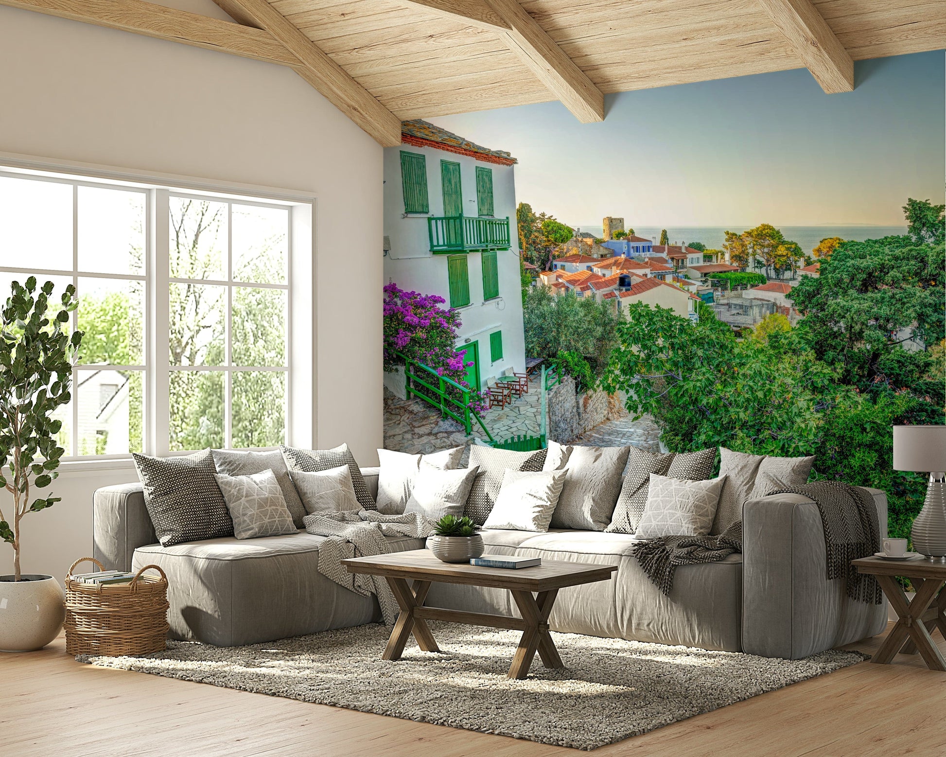 A beautiful panoramic wall mural of a coastal village.

