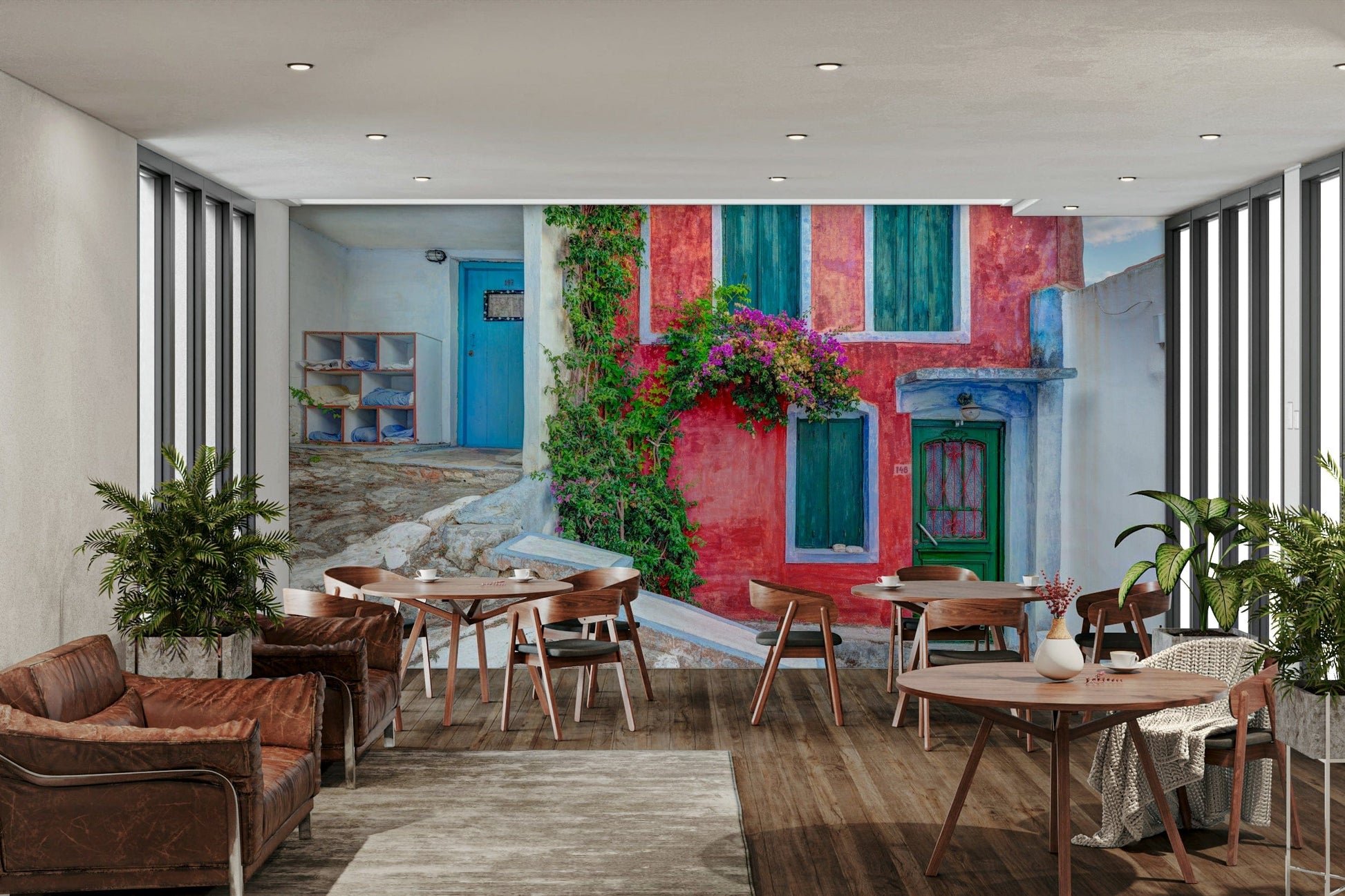 A beautiful wide-angle wall mural of a seaside village.

