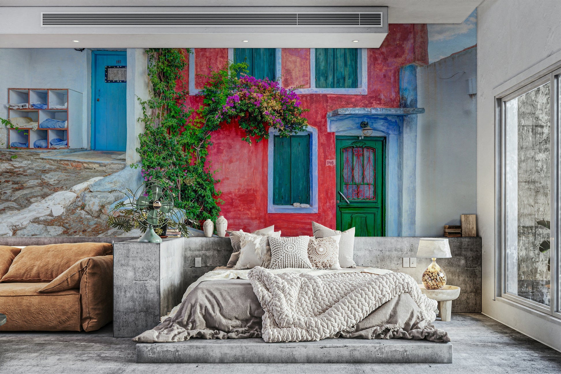 A peaceful coastal vista mural on decorative wallpaper.

