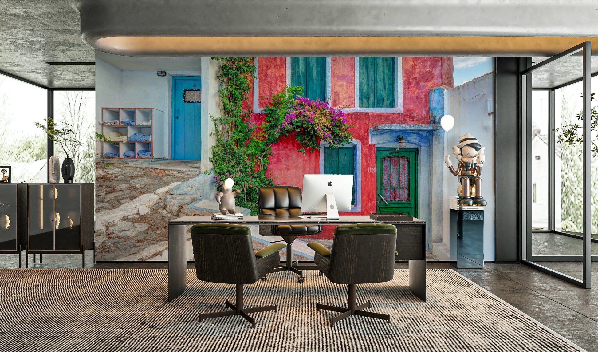 An artistic Greek seaside mural on minimalist wallpaper.

