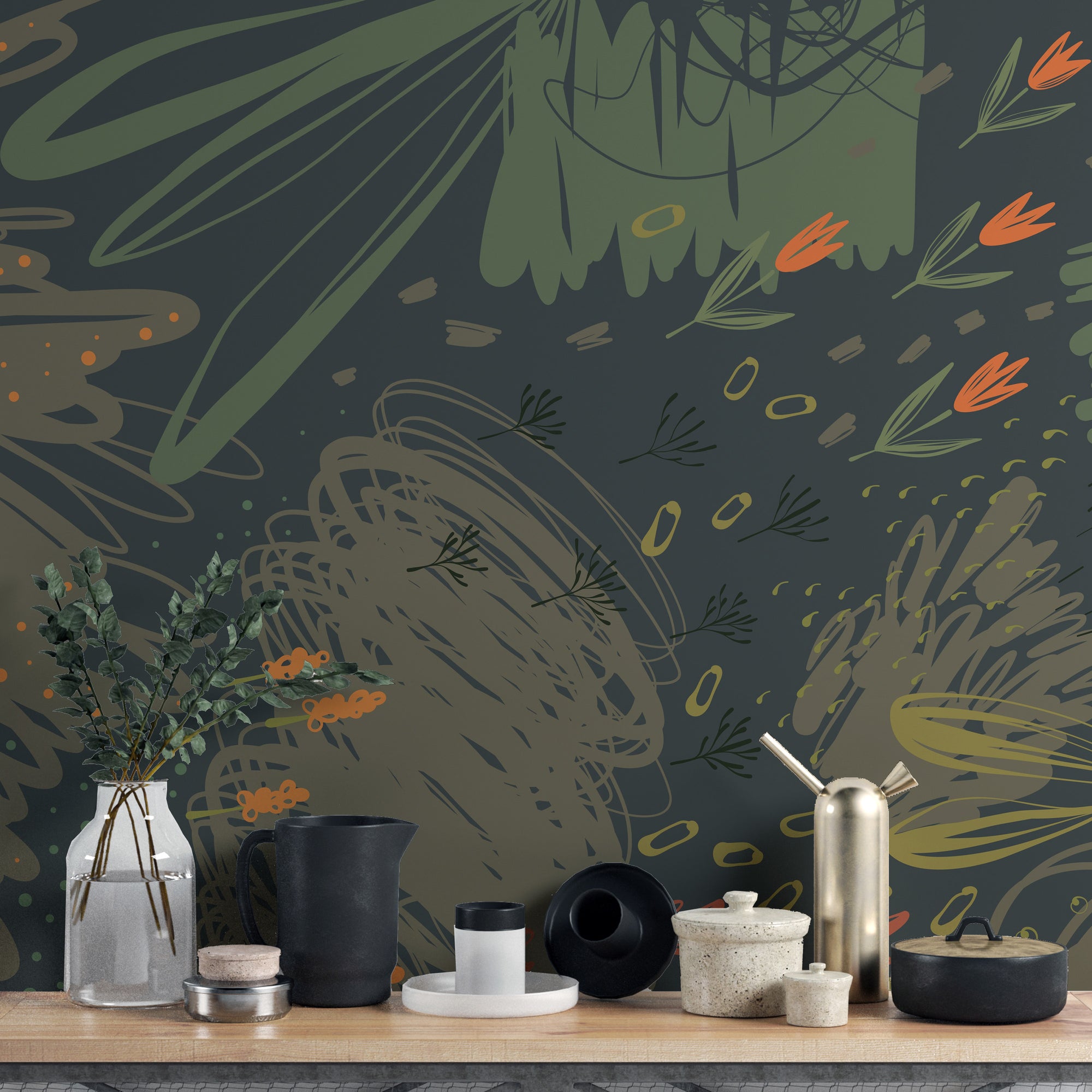 Green Abstract Creative Shapes wallpaper mural shown as a full feature wall that highlights the design