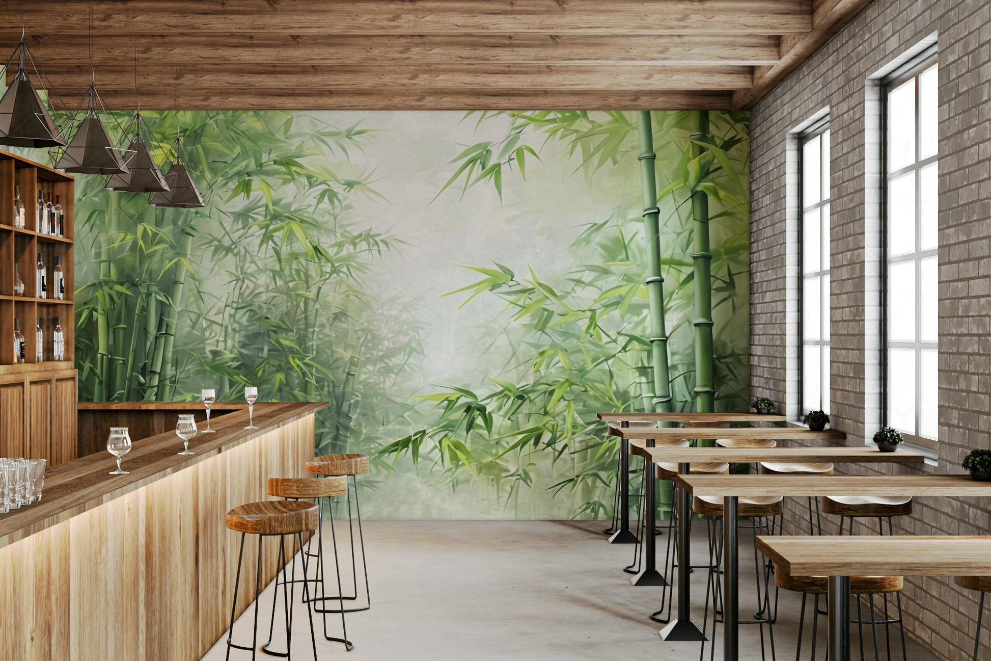 The mural gives the illusion of standing within a real forest.
