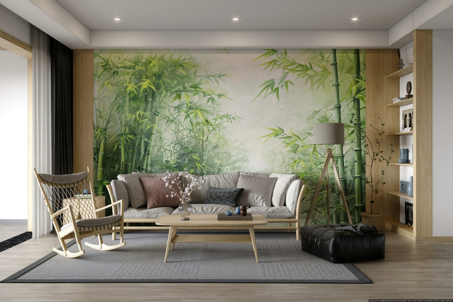 A wall mural depicting a dense, green bamboo forest.

