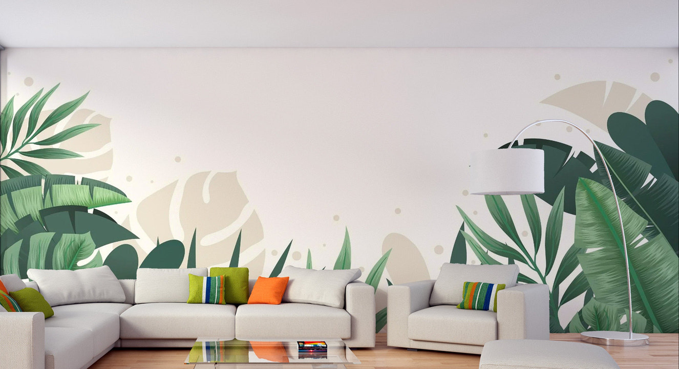 Elegant Green and Beige Tropical Leaves Mural
