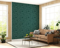 Forest green folk art mural, intricate floral and bird print.