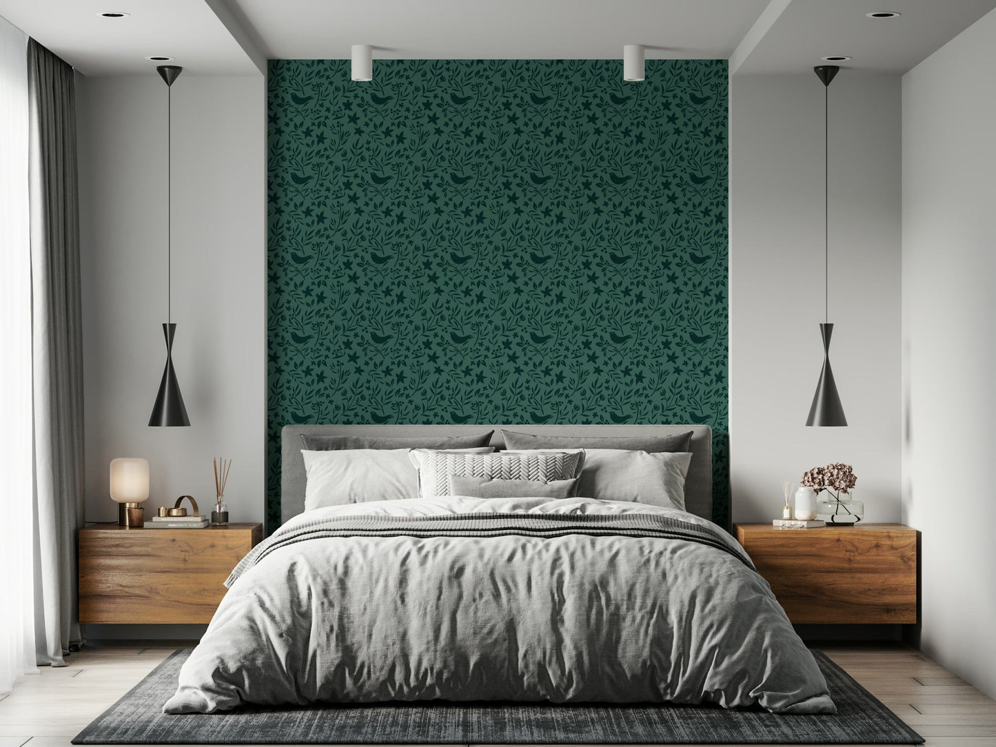 Deep emerald pattern wall covering, Folk Bird Botanical product.