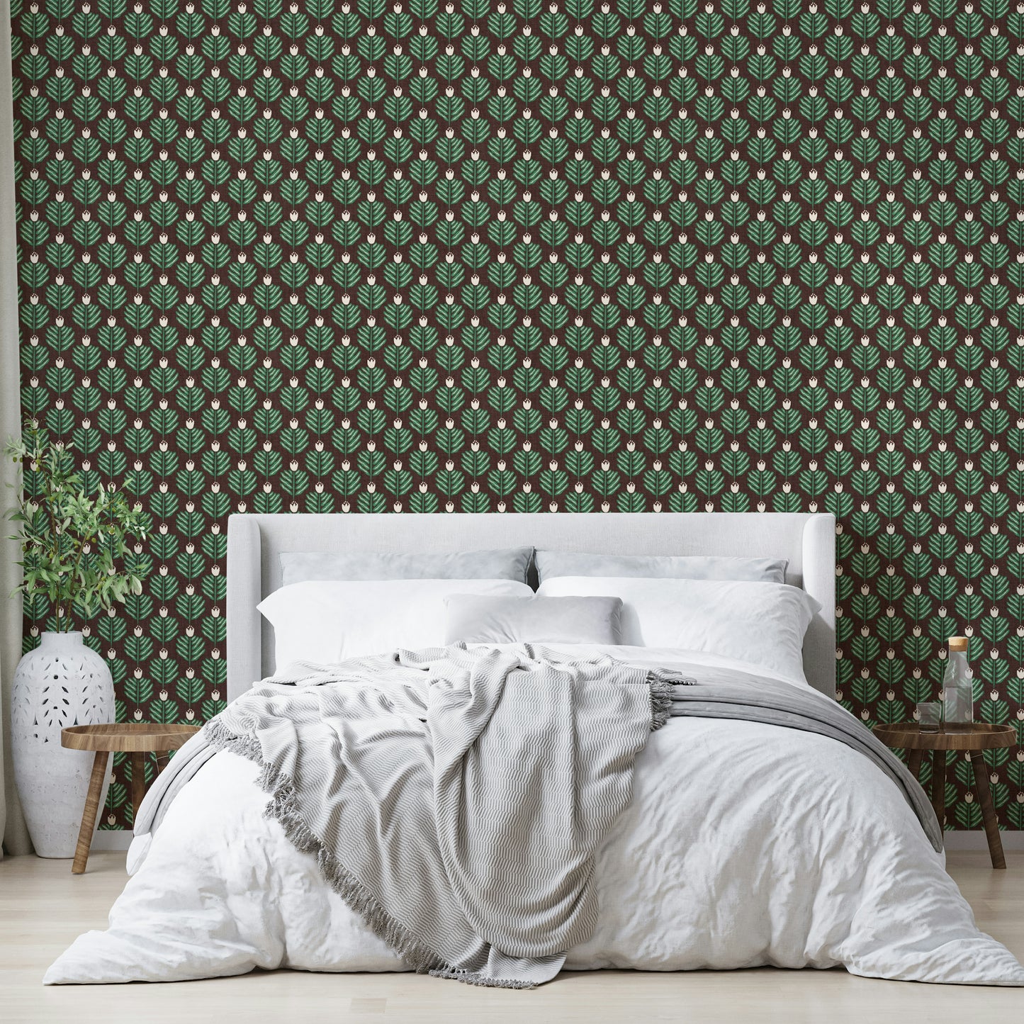Bold green chunky plant wallpaper with jewel jungle accents

