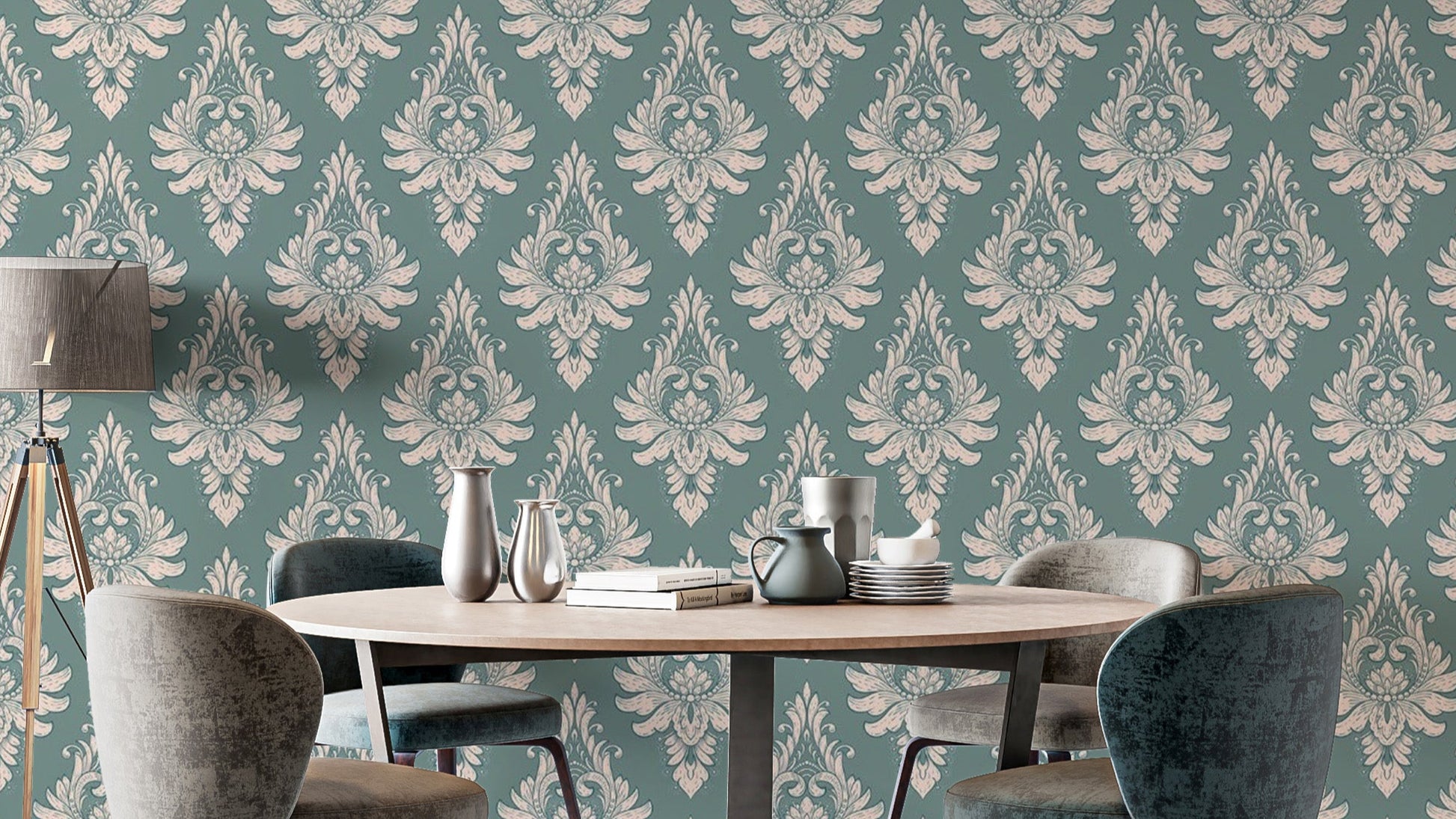Easy Apply Green Damask Pattern Wallpaper