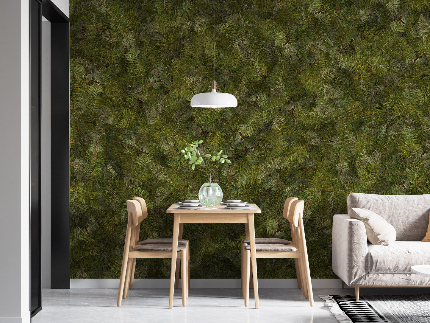 Green Embroidery Ferns Bracken wallpaper mural in a dining nook with light wood table, chairs and a beige sofa