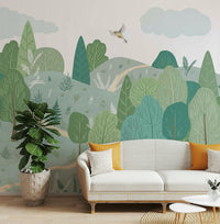 A peaceful wall mural with a tranquil forest clearing scene.

