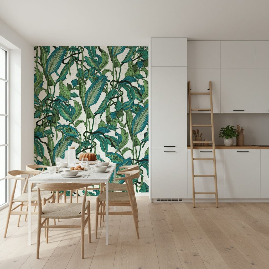 A peaceful botanical pattern mural on decorative wallpaper.