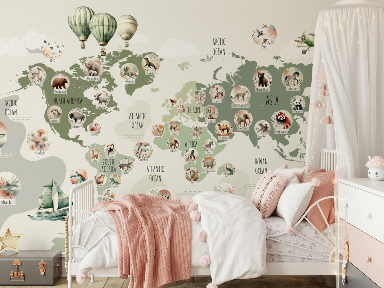 Green world map wall mural on home office feature wall.