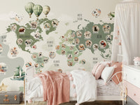 Green world map wall mural on home office feature wall.